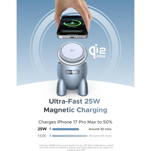 Бездротова магнітна зарядка UGREEN Rocket MagFlow Qi2 25W 2-in-1 з підставкою та LED-індикацією