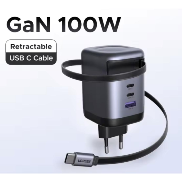Зарядний пристрій UGREEN 100W GaN Fast Charger із висувним кабелем UFCS/PPS/PD 3.0