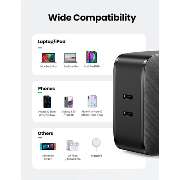 Мережевий зарядний пристрій Ugreen CD216 66W Dual USB-C PD Fast Charger Black