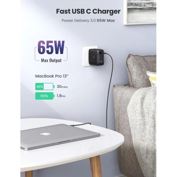 Зарядний пристрій UGREEN CD224 GaN X 65W 4-портовий (3×USB-C + USB-A) PD/QC Black