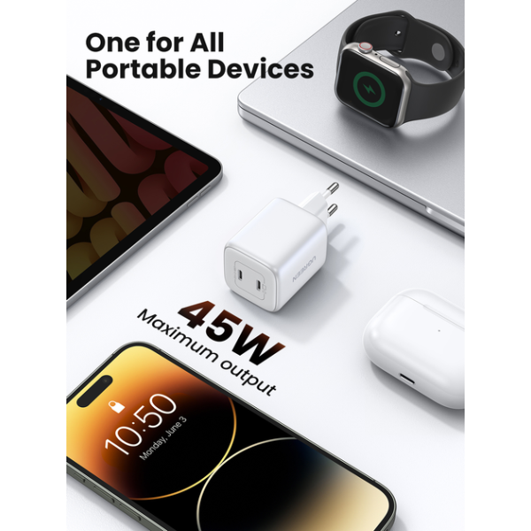 Зарядний пристрій UGREEN Nexode CD294 GaN II 45W Charger (2×USB-C, PD3.0, QC4.0) EU