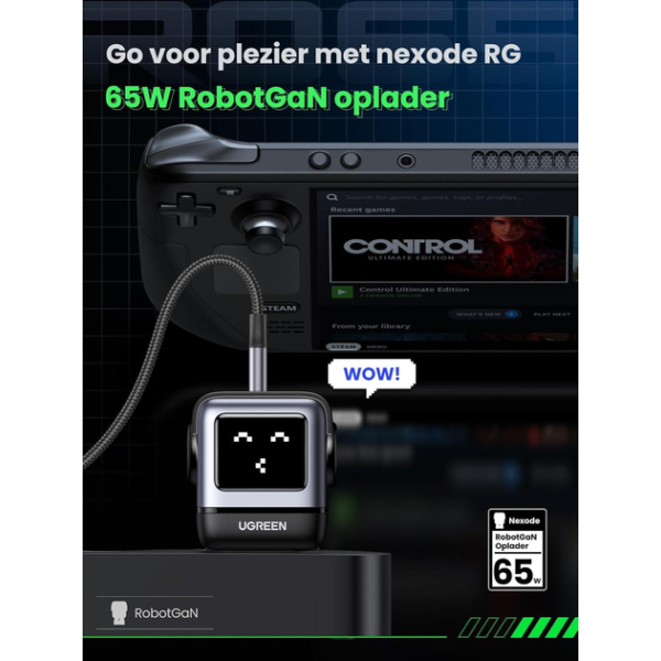 Зарядний пристрій UGREEN CD361 RG 65W USB C Nexode 3-Port Robot GaN Charger Compact (Black)
