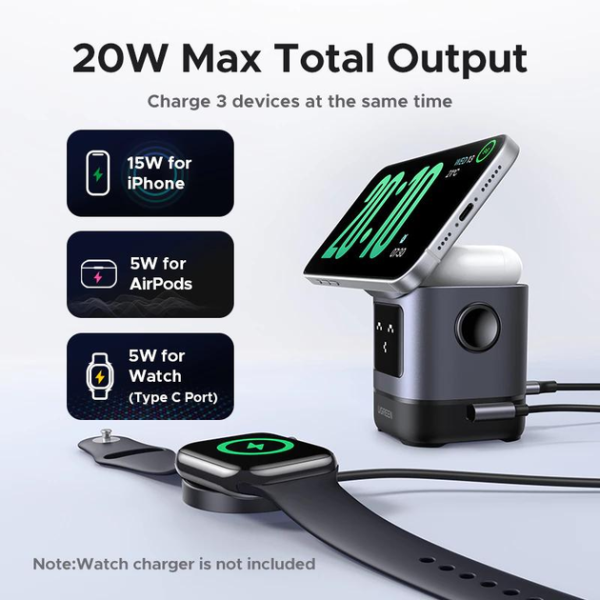 Бездротовий зарядний пристрій 2 в 1 Ugreen Uno Qi2 W709 (25W Max) Grey