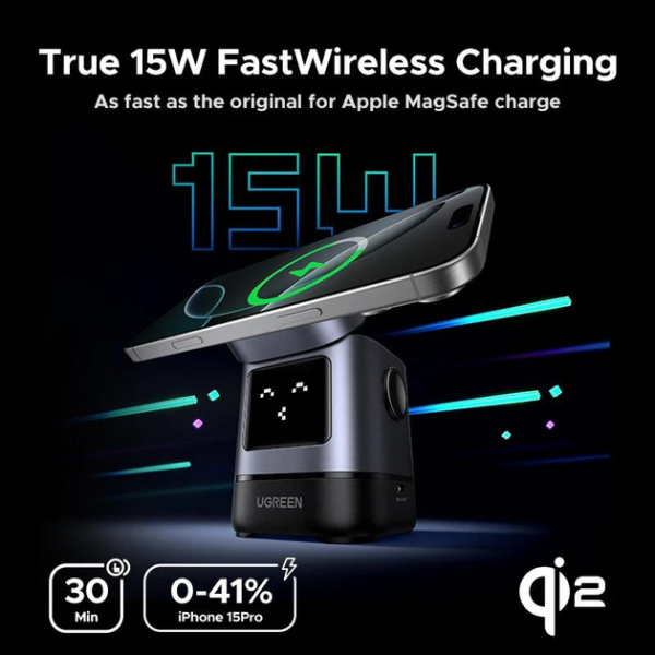 Бездротовий зарядний пристрій 2 в 1 Ugreen Uno Qi2 W709 (25W Max) Grey