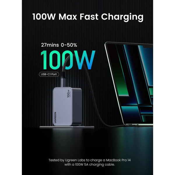 Зарядний пристрій Ugreen X757 Nexode Pro 100W GaN Charger Mini USB-C з 3 портами Grey