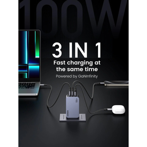 Зарядний пристрій Ugreen X757 Nexode Pro 100W GaN Charger Mini USB-C з 3 портами Grey