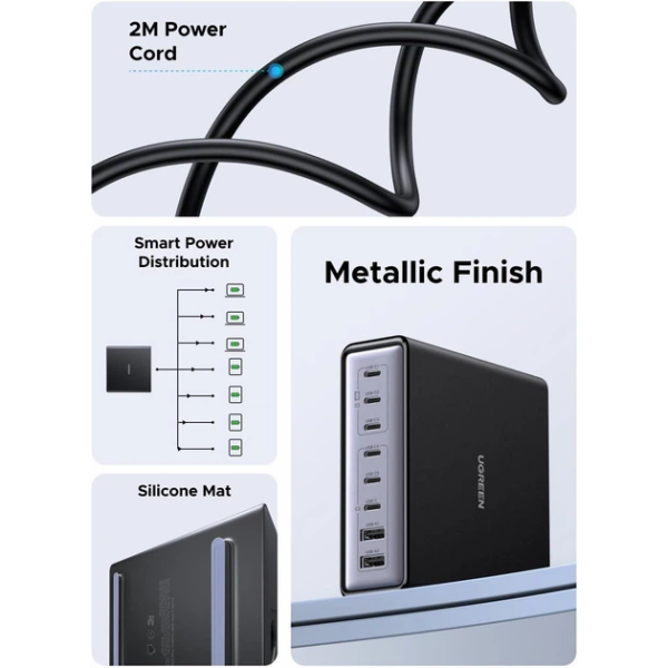 Зарядний пристрій UGREEN X766 200W GaN 8-портовий (6×USB-C + 2×USB-A), Black