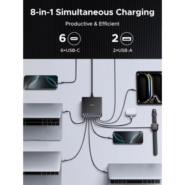 Зарядний пристрій UGREEN X766 200W GaN 8-портовий (6×USB-C + 2×USB-A), Black