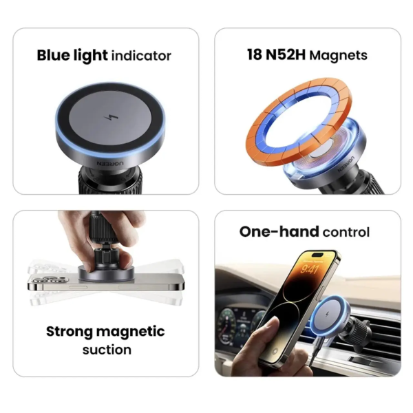 Автомобільний тримач UGREEN MagFlow Qi2 15W Magnetic Car Charger Holder (MagSafe) для iPhone 12–17 Series