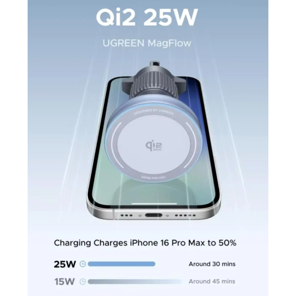 Автомобильный держатель UGREEN MagFlow Qi2 25W Magnetic Wireless Car Charger Holder (MagSafe, iPhone, Black)
