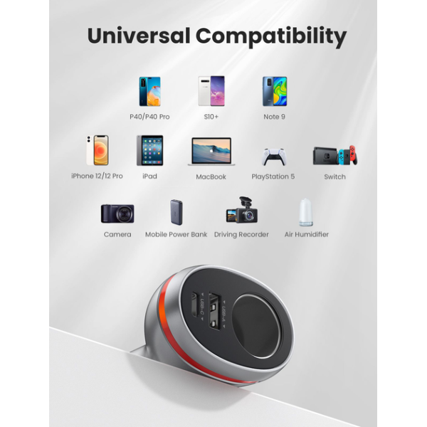 Автомобільний зарядний пристрій Ugreen CD204 Car Charger 2 x USB Ports Single Extension Socket QC + PD 20 Вт