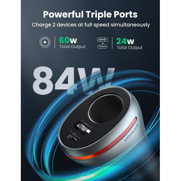 Автомобільний зарядний пристрій Ugreen CD204 Car Charger 2 x USB Ports Single Extension Socket QC + PD 20 Вт