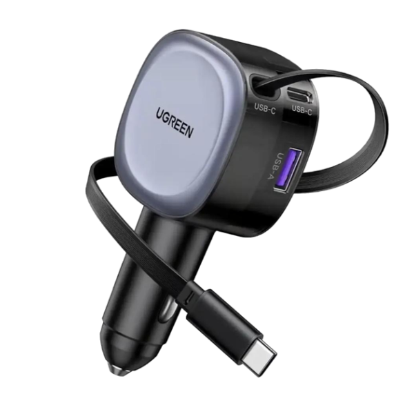 Автомобільний зарядний пристрій UGREEN EC601 75W 2-в-1 з вбудованим кабелем USB-C, чорний