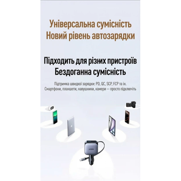 Автомобільний зарядний пристрій UGREEN EC603 90W з висувним кабелем USB-C