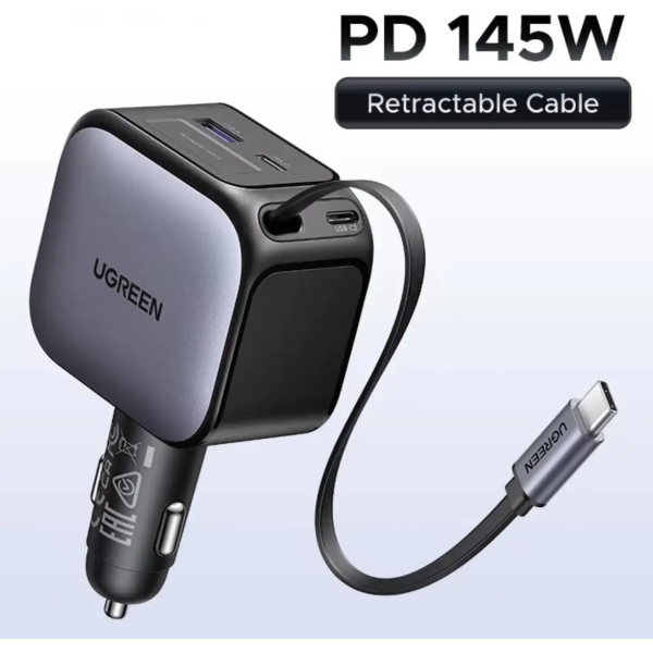 Автомобільний зарядний пристрій UGREEN EC604 145W 4-в-1 з висувним USB-C кабелем