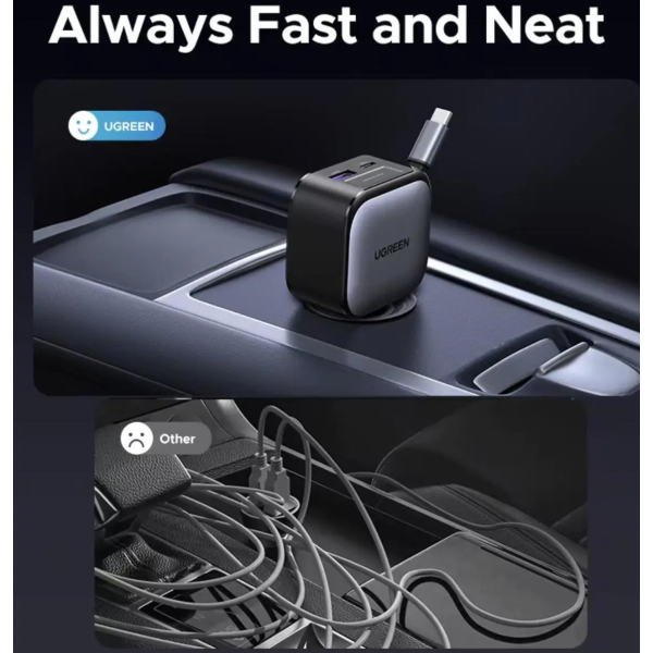 Автомобільний зарядний пристрій UGREEN EC604 145W 4-в-1 з висувним USB-C кабелем