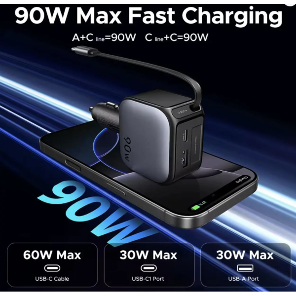 Автомобільний зарядний пристрій UGREEN EC604 145W 4-в-1 з висувним USB-C кабелем
