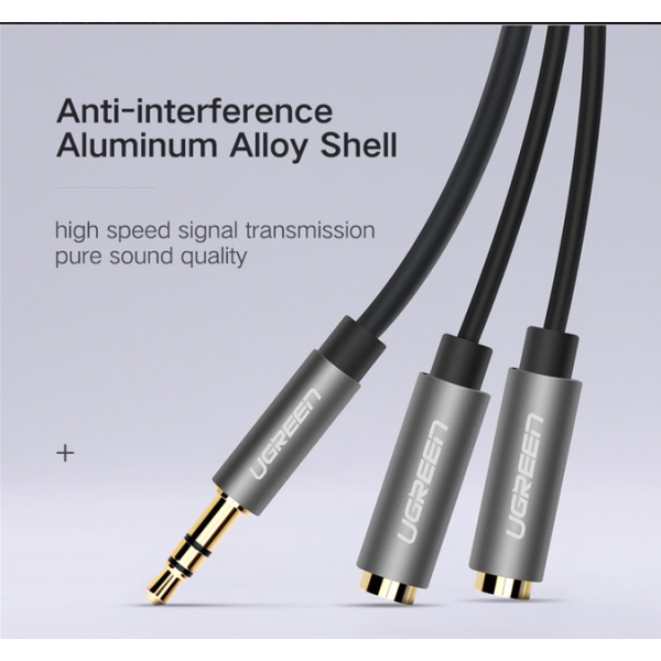 Кабель UGREEN AV123 3.5 мм Stereo Audio Splitter з обплетенням, 20 см, Black