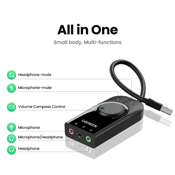Зовнішня звукова карта Ugreen CM129 USB 2.0 з регулятором гучності (15 см)