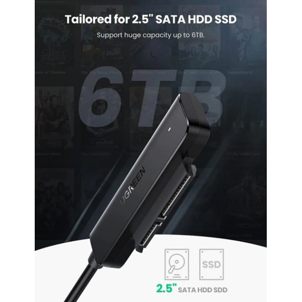 Перехідник UGREEN CM321 USB-A 3.0 to SATA Adapter Cable for 2.5″ 5Gbps 0.5m Black (70609)