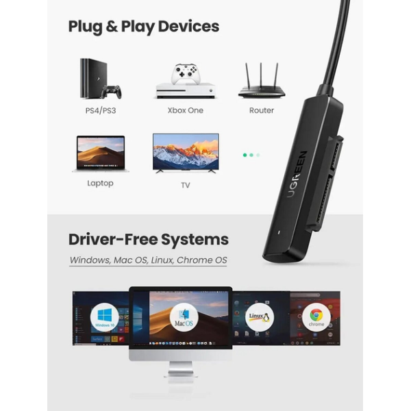 Перехідник UGREEN CM321 USB-A 3.0 to SATA Adapter Cable for 2.5″ 5Gbps 0.5m Black (70609)