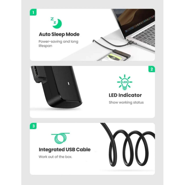 Перехідник UGREEN CM321 USB-A 3.0 to SATA Adapter Cable for 2.5″ 5Gbps 0.5m Black (70609)
