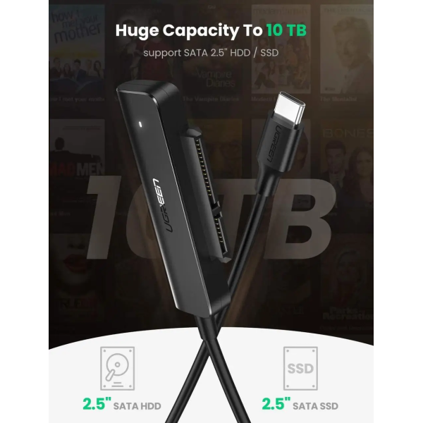 Перехідник UGREEN CM321 USB-C 3.1 to SATA Adapter Cable for 2.5" 5Gbps 0.5m Black (70610)