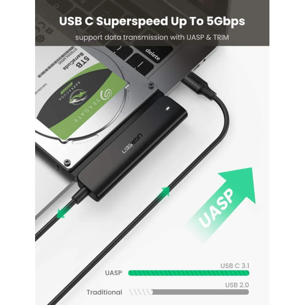 Перехідник UGREEN CM321 USB-C 3.1 to SATA Adapter Cable for 2.5" 5Gbps 0.5m Black (70610)