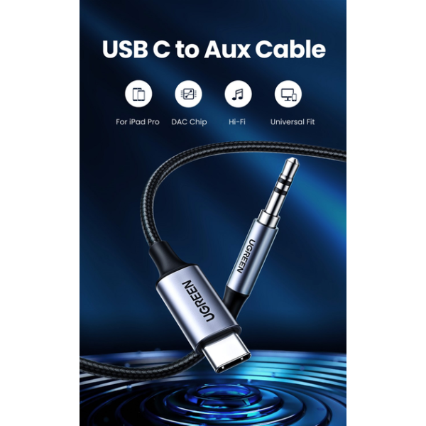 Кабель UGREEN CM450 USB Type-C (Male) to 3.5 мм Jack (Male) з чипом, 1 м, Black