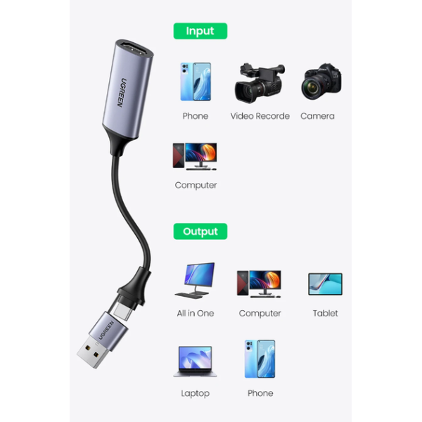 Конвертор сигналу Ugreen CM489 USB-A/Type-C to HDMI Video Capture Device Gray
