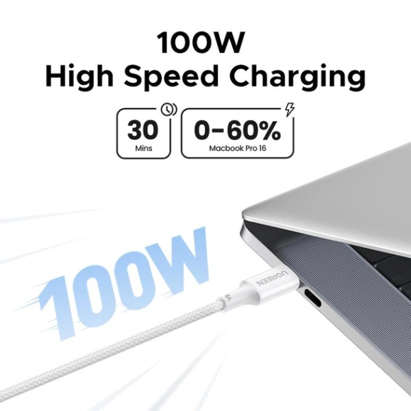 Кабель UGREEN L502 USB-C to USB-C PD 100W (5A) Fast Charging Braided Cable 2 м — White