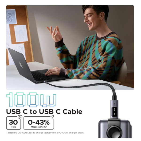 Кабель UGREEN UNO L509 USB-C to USB-C PD100W з LED-індикатором, чорний