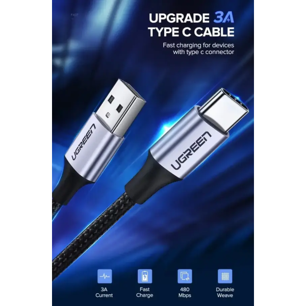 Кабель Ugreen L514 USB Type-C 3A (1 м, чорний) з алюмінієвим корпусом і нейлоновим обплетенням