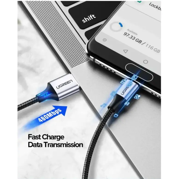 Кабель Ugreen L514 USB Type-C 3A (1 м, чорний) з алюмінієвим корпусом і нейлоновим обплетенням