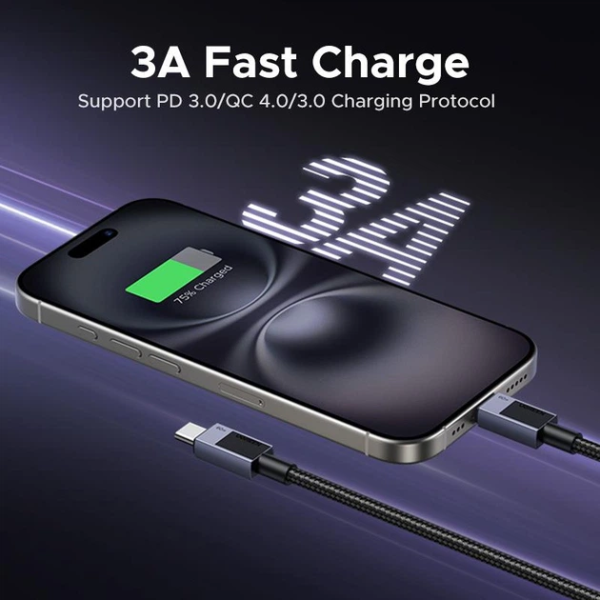 Кабель UGREEN L524 USB-C to USB-C PD 60W (3A) Fast Charging Braided Cable — Space Gray