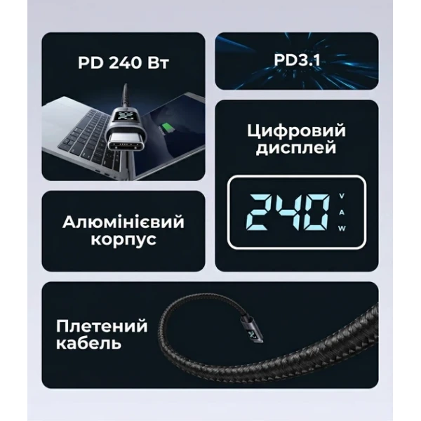 Кабель UGREEN L530 USB-C to USB-C 240W з дисплеєм Fast Charging Cable 1m (Space Gray)