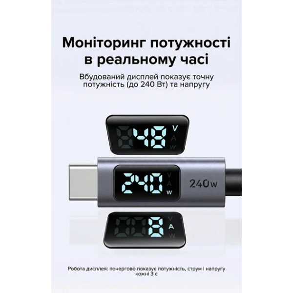 Кабель UGREEN L530 USB-C to USB-C 240W з дисплеєм Fast Charging Cable 1m (Space Gray)