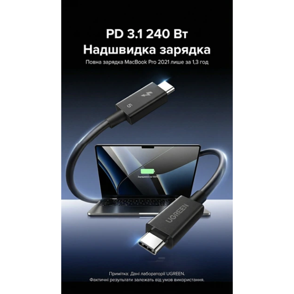 Кабель UGREEN L703 Thunderbolt 5 USB-C — USB-C 80 Гбіт/с PD 240W 16K 1 м (Чорний)
