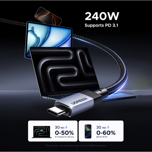Кабель UGREEN USB4 Gen 3 Type-C to Type-C 240W, Thunderbolt 3/4, 1 м (L705, Space Gray)