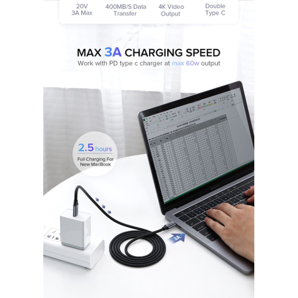Кабель UGREEN US161 USB Type-C Male to USB Type-C 100W Male Cable Nickel Plating Aluminum Shell 3A 1.5m Gray 