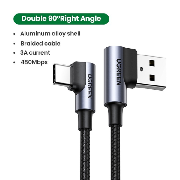 Кабель UGREEN US176 USB 2.0 90° to USB-C 90° QC3.0 3A 480Mbps Black