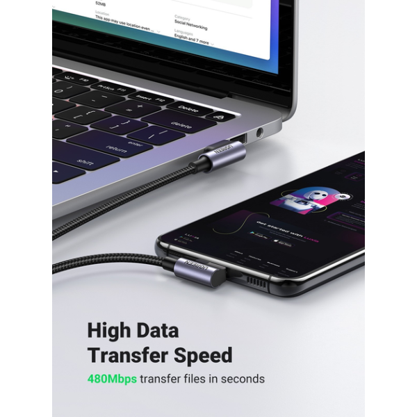 Кабель UGREEN US176 USB 2.0 90° to USB-C 90° QC3.0 3A 480Mbps Black