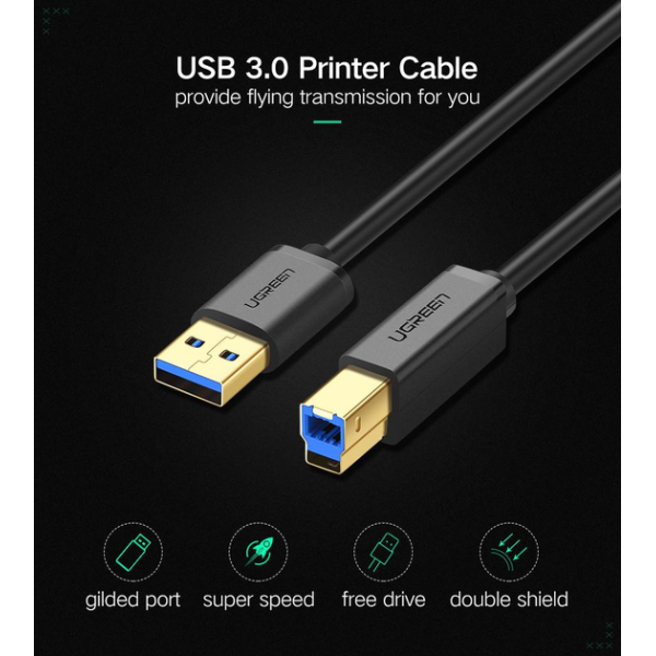 Кабель UGREEN US210 USB 3.0 AM to BM Print Cable (1м / 2м, Black)