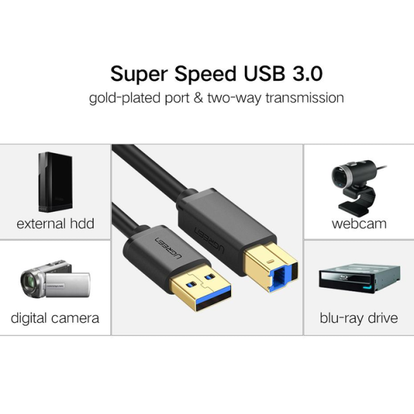 Кабель UGREEN US210 USB 3.0 AM to BM Print Cable (1м / 2м, Black)