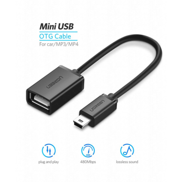 Адаптер-перехідник UGREEN US249 Mini USB-B 5Pin Male → USB 2.0 Female OTG, 10 см, чорний