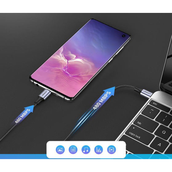 Кабель UGREEN US261 USB Type-C to USB Type-C 60Вт 3A Black/Gray