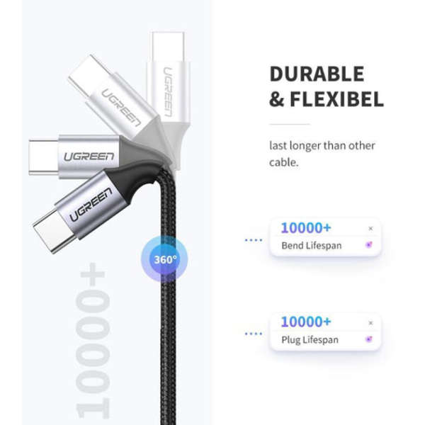 Кабель UGREEN US261 USB Type-C to USB Type-C 60Вт 3A Black/Gray