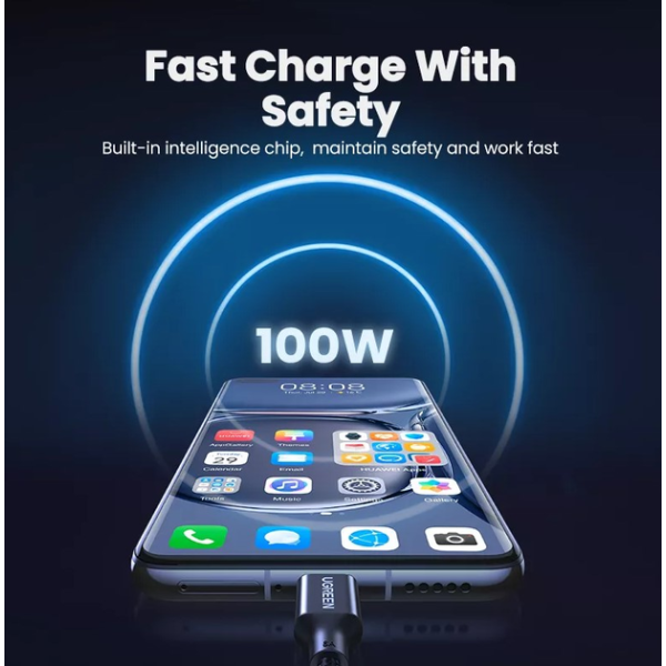 Кабель зарядний UGREEN US279 Type-C 6A 100W Huawei SuperCharge 1.5 м Black Nylon