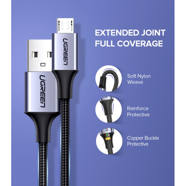 Кабель UGREEN US290 USB 2.0 to Micro-USB 2A Nickel Plated Aluminum Braid Black