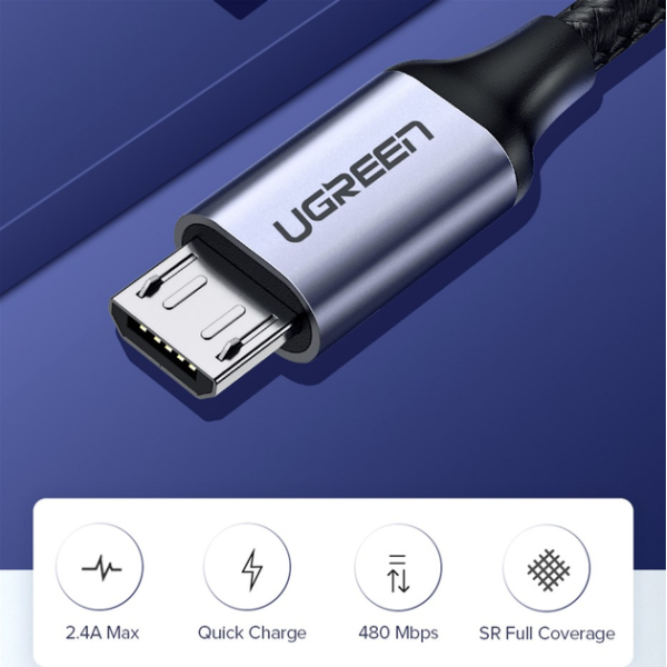 Кабель UGREEN US290 USB 2.0 to Micro-USB 2A Nickel Plated Aluminum Braid Black